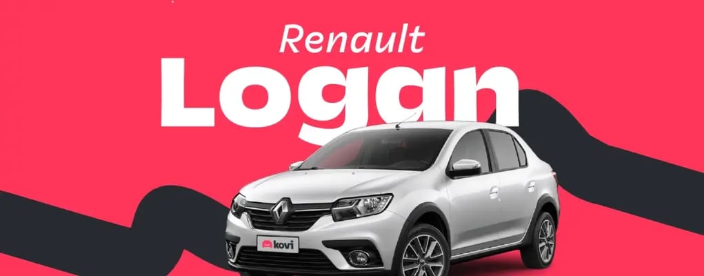 Logan prata com texto 'Renault Logan' em fundo rosa e linha ondulada preta