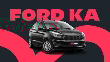Ford Ka preto em fundo preto com escrita 'FORD KA' e linha ondulada rosa