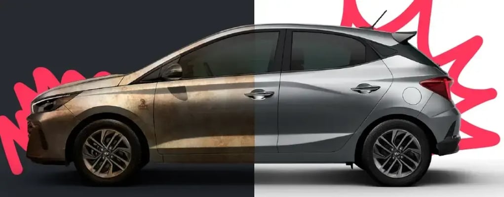 Carro dividido ao meio: uma metade suja e outra limpa. Carro usado ou novo?