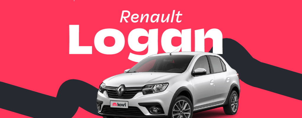 Logan prata com texto 'Renault Logan' em fundo rosa e linha ondulada preta