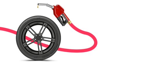 Imagem de um pneu ao lado de uma bomba de combustível