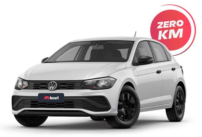Carro VW Polo Track 1.0 branco em destaque. Selo circular vermelho e branco com o texto 