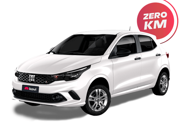 Carro Fiat Argo branco em destaque. Selo circular vermelho e branco com o texto 