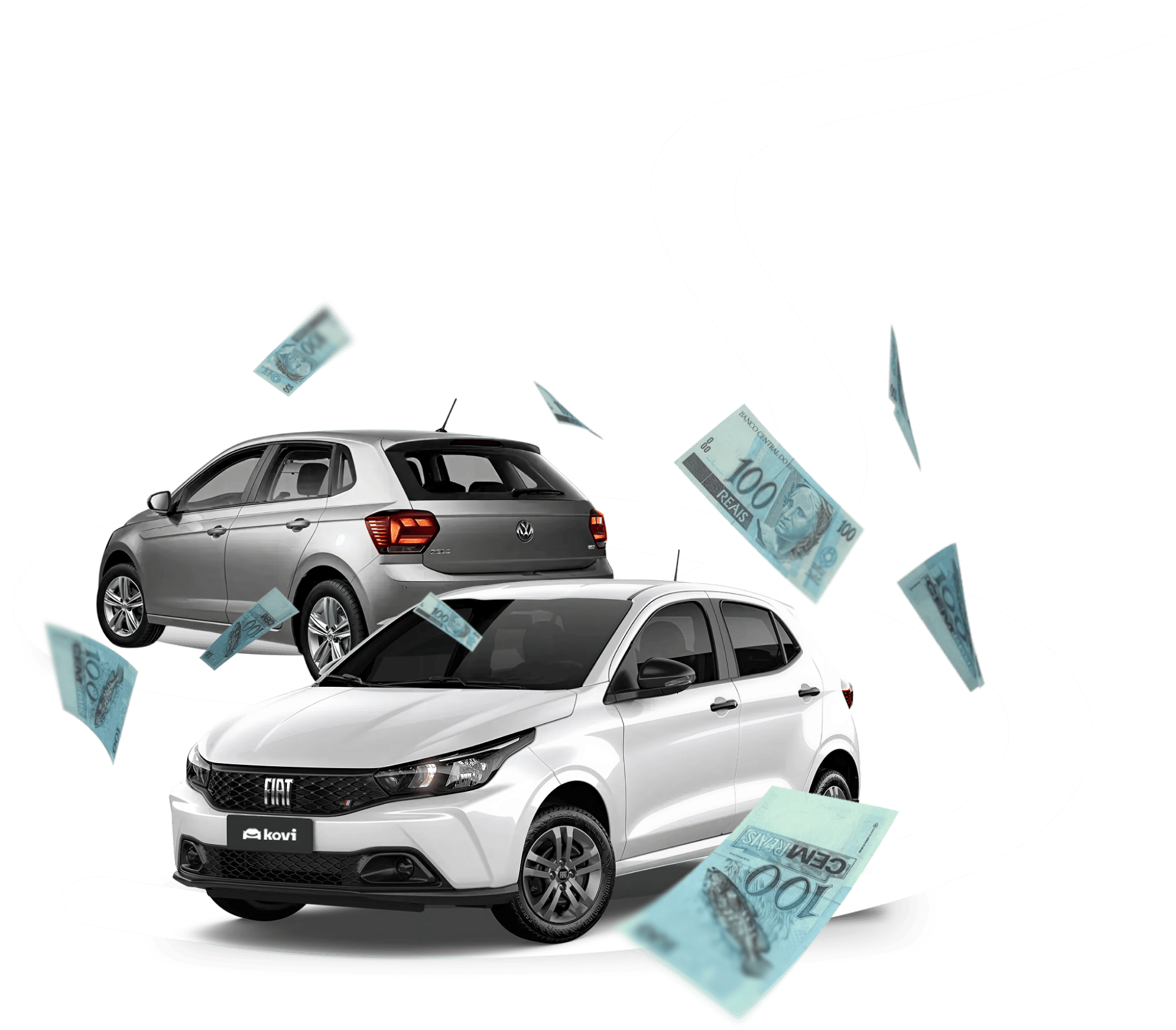 Dois carros hatch: um branco (Fiat Argo/similar) em primeiro plano e um prata (VW Polo/similar) atrás. Cédulas de R$ 100 reais flutuam ao redor, sobre um fundo cinza claro com uma linha curva branca.