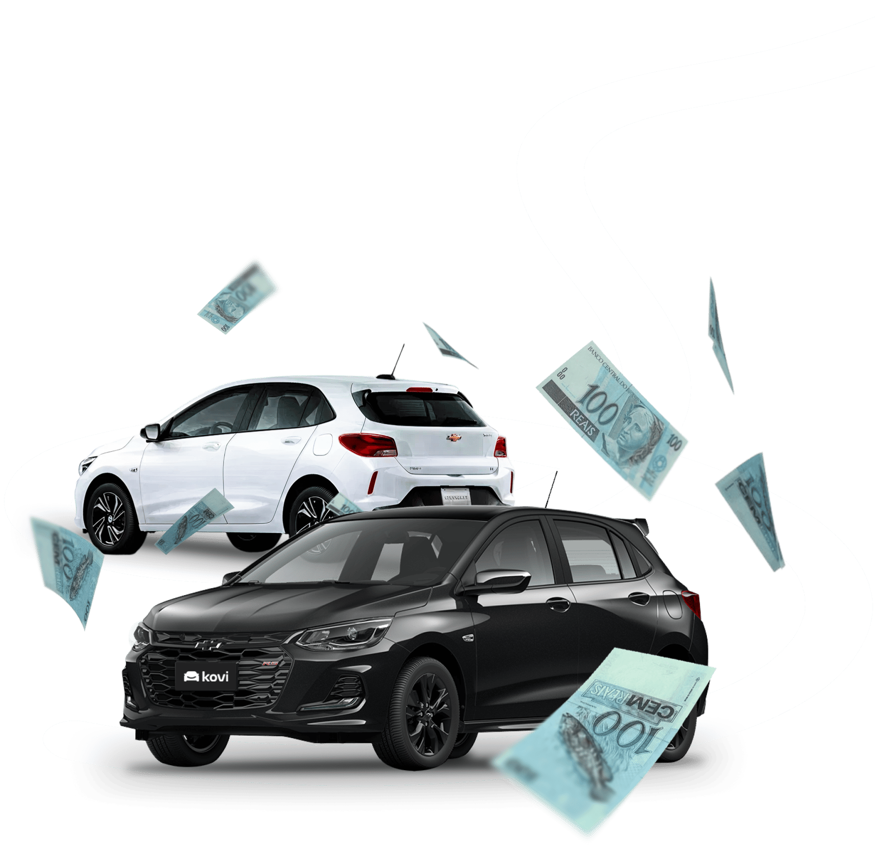 Dois carros hatch, um preto em primeiro plano e um branco atrás, com cédulas de R$ 100 reais flutuando ao redor. Fundo cinza claro com um traço branco sinuoso.