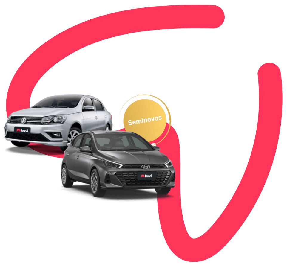 Dois carros seminovos em destaque: um sedan prata e um hatch cinza escuro, ambos com o logo da Kovi. Um selo amarelo no centro com o texto 