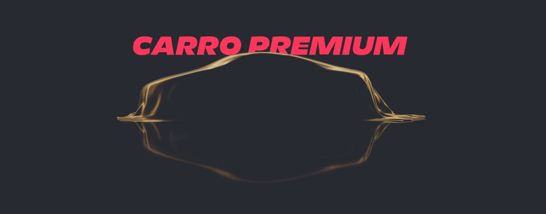 Carro coberto por um pano preto, com o texto 'carro premium'