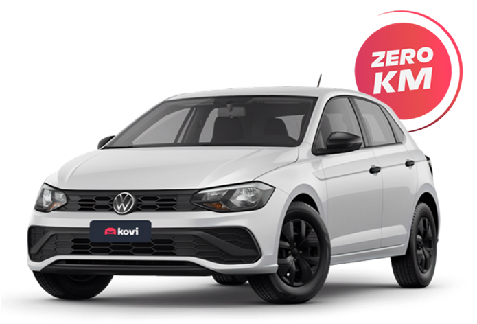 Carro VW Polo Track 1.0 branco em destaque. Selo circular vermelho e branco com o texto 