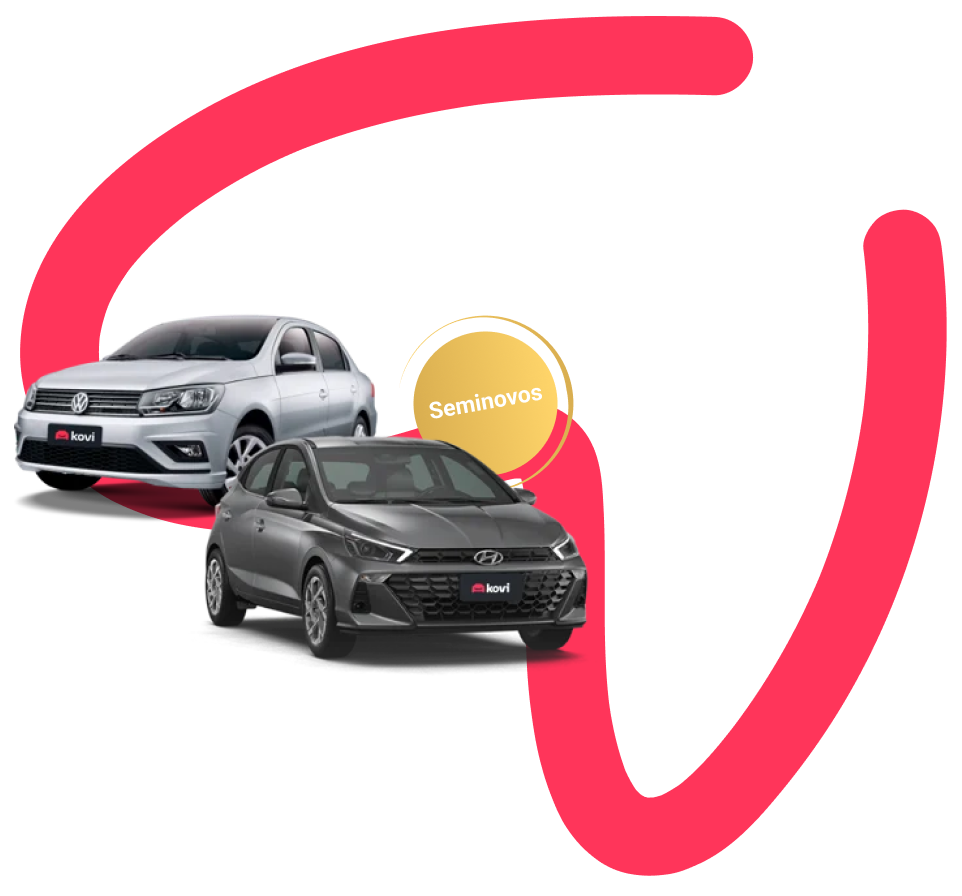 Dois carros seminovos em destaque: um sedan prata e um hatch cinza escuro, ambos com o logo da Kovi. Um selo amarelo no centro com o texto 