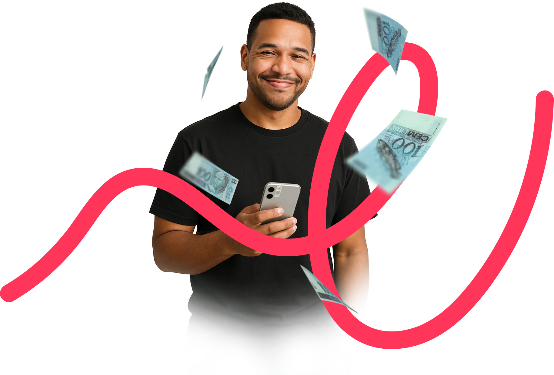 Homem sorridente de camiseta preta, segurando um smartphone. Cédulas de R$ 100 reais flutuando ao redor e uma linha curva grossa e rosa em destaque. Fundo cinza claro.