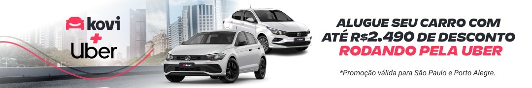 Banner promocional Kovi e Uber de aluguel de carros. Apresenta dois carros brancos (Kovi Polo e Kovi Arona) com logotipos da Kovi e Uber, oferecendo até R$2.490 de desconto para quem dirige pela Uber.