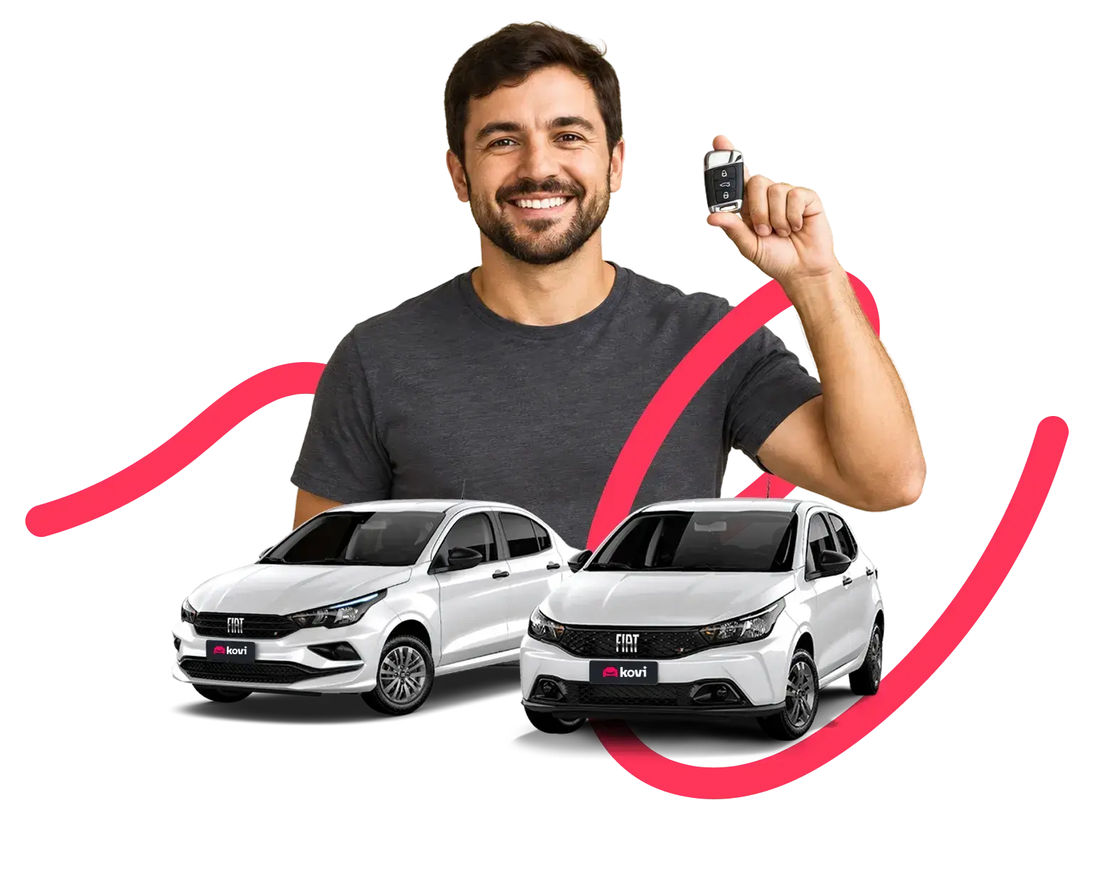 Motorista Kovi segurando a chave com dois carros Fiat